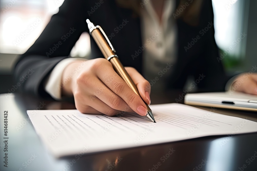 Hand Of Woman Holding Pen with Writing On Paper Hand Of Woman Holding Pen with Writing On Paper