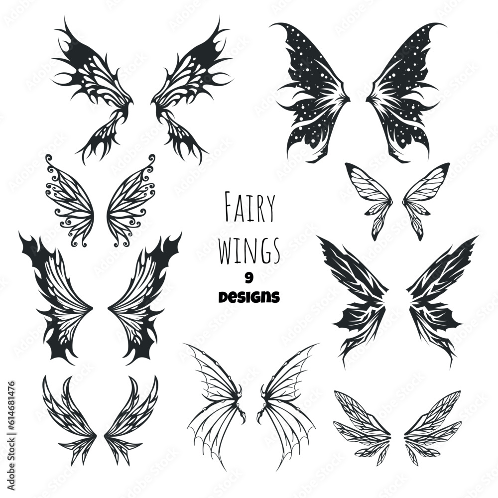 Fairy wings tattoo collection. Isolated silhouettes of pixie art. Fantasy icons. Mystery butterfly template. Magic designs Fairy wings tattoo collection. Isolated silhouettes of pixie art. Fantasy icons. Mystery butterfly template. Magic designs