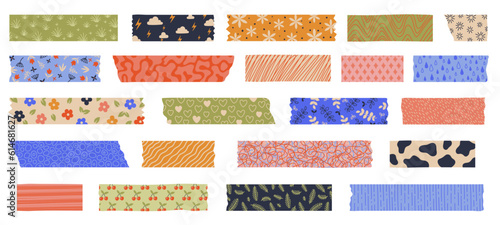 Washi tape. Japanese paper tape with decorative pattern, cute japanese stickers for scrapbook, decoration and masking. Vector set