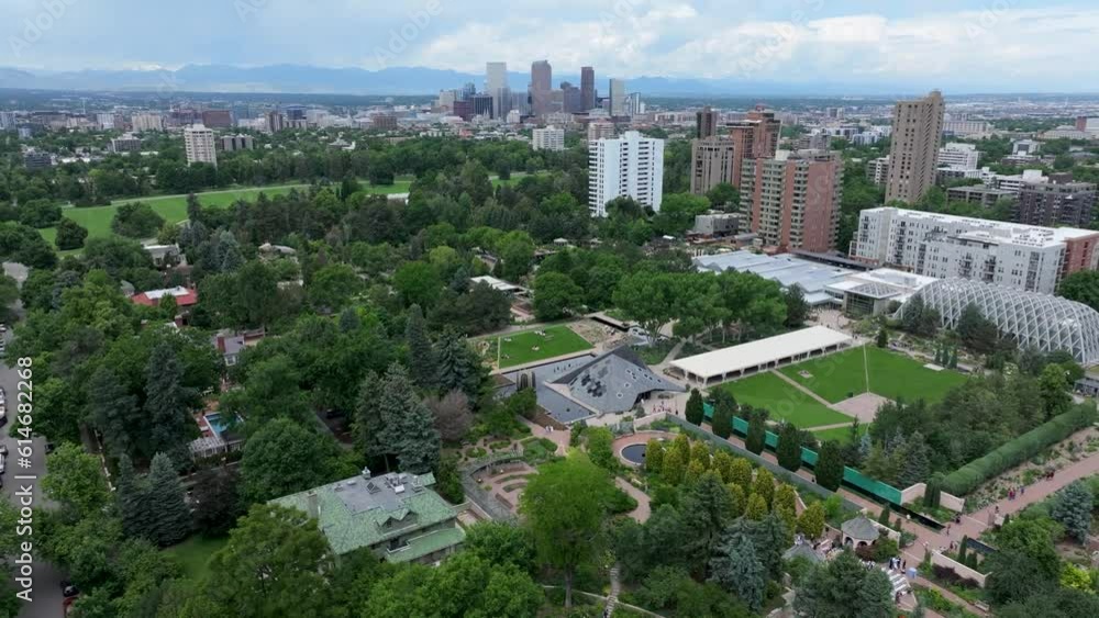 Denver city in Colorado. Drone scenic reveal of Central Business District and and Cheeseman Park. Denver city in Colorado. Drone scenic reveal of Central Business District and and Cheeseman Park.