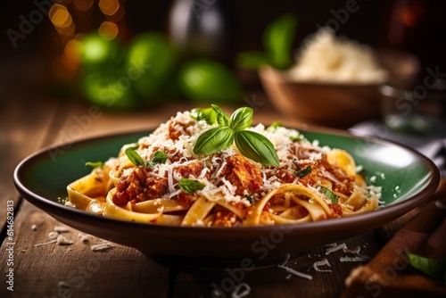 Tagliatelle al Ragù garnished with fresh basil and parmesan cheese on a rustic wooden table