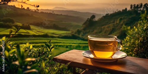 AI Generated. AI Generative. Cup of green tea with field green plantation mountain background scene. Graphic Art