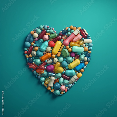 Heart made of pills, heart of an addicted person, heart of a sick person, pills, pills, on a green and blue background, created with AI