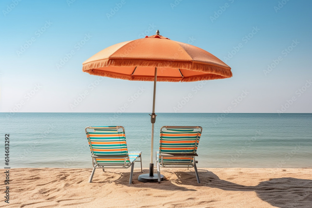 A colorful beach umbrella and a pair of empty lounge chairs overlooking a calm ocean Generative AI