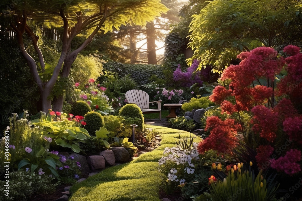 A tranquil garden with colorful blooming flowers, lush green foliage, and a peaceful atmosphere Generative AI