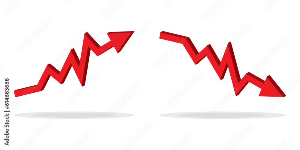 3d icon Up and Down sign with red arrows vector. Design vector illustration concept of sales bar chart symbol icon with arrow moving down and sales bar chart with arrow moving up. 3d icon Up and Down sign with red arrows vector. Design vector illustration concept of sales bar chart symbol icon with arrow moving down and sales bar chart with arrow moving up.