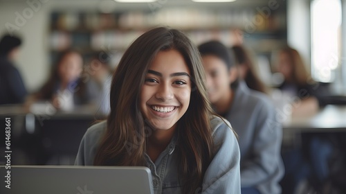 Portrait of a beautiful girl - Happy high school beautiful girl using laptop in classroom - education and school concept, Generative AI