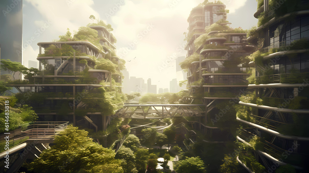 Futuristic Green City with Abundant Nature. Generative AI.