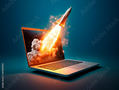 Rocket starts from computer device screen. Spaceship launch from Laptop. Concept of a successful start up of a business. Creative idea, education online. Ai Generative illustration