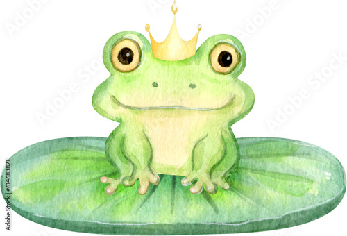 Hand Drawn Watercolor Cute Cartoon Frog Sitting on a Leaf in a Crown