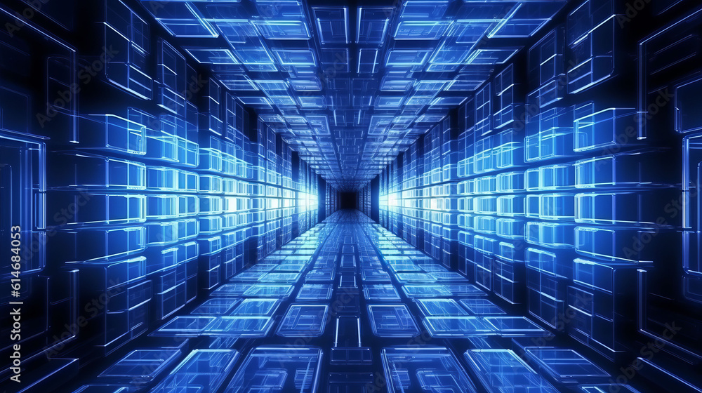 Obraz premium Illustration of a futuristic hallway illuminated with blue lights