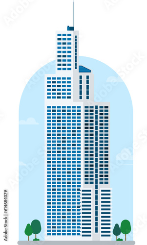 High building with sky background vector illustration. Modern tower in city.Tower with street road flat design.Business building with urban scene