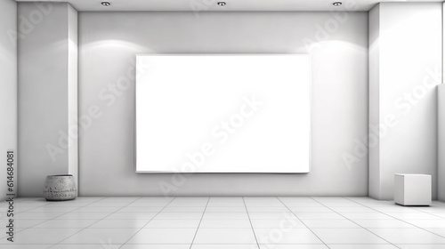Illustration of an empty white room with a blank poster on the wall