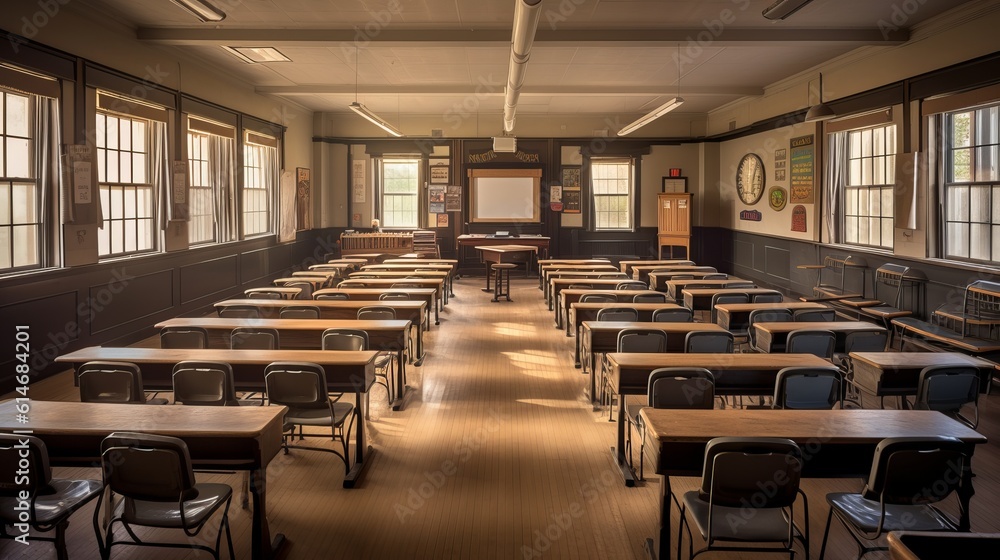Captivating View of a Traditional School Classroom with Beautiful Wooden Flooring and Furniture - Classroom in School - education and school concept, Generative AI