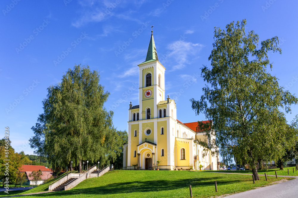 Slovenian landscape with a Church of St. cross on the hill in Rogaska Slatina, Slovenia.