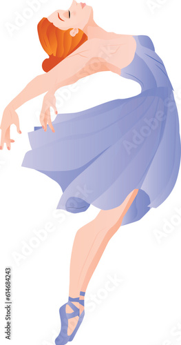 A golden-haired ballerina dancing on pointe shoes in a delicate purple dress