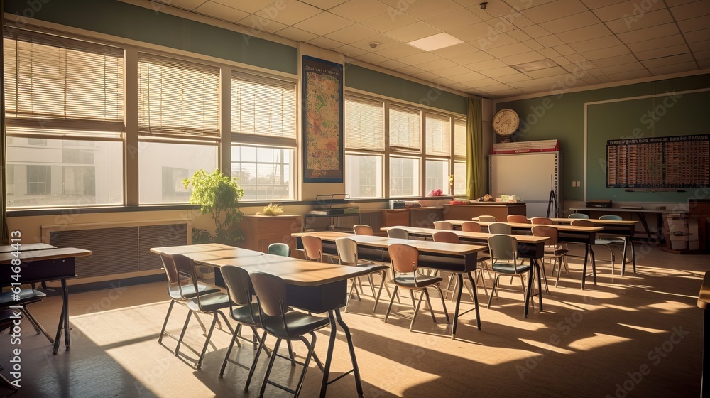 Classic charm: explore the interior of a traditional school classroom with wooden floor and furniture - Back to school concept, Generative AI