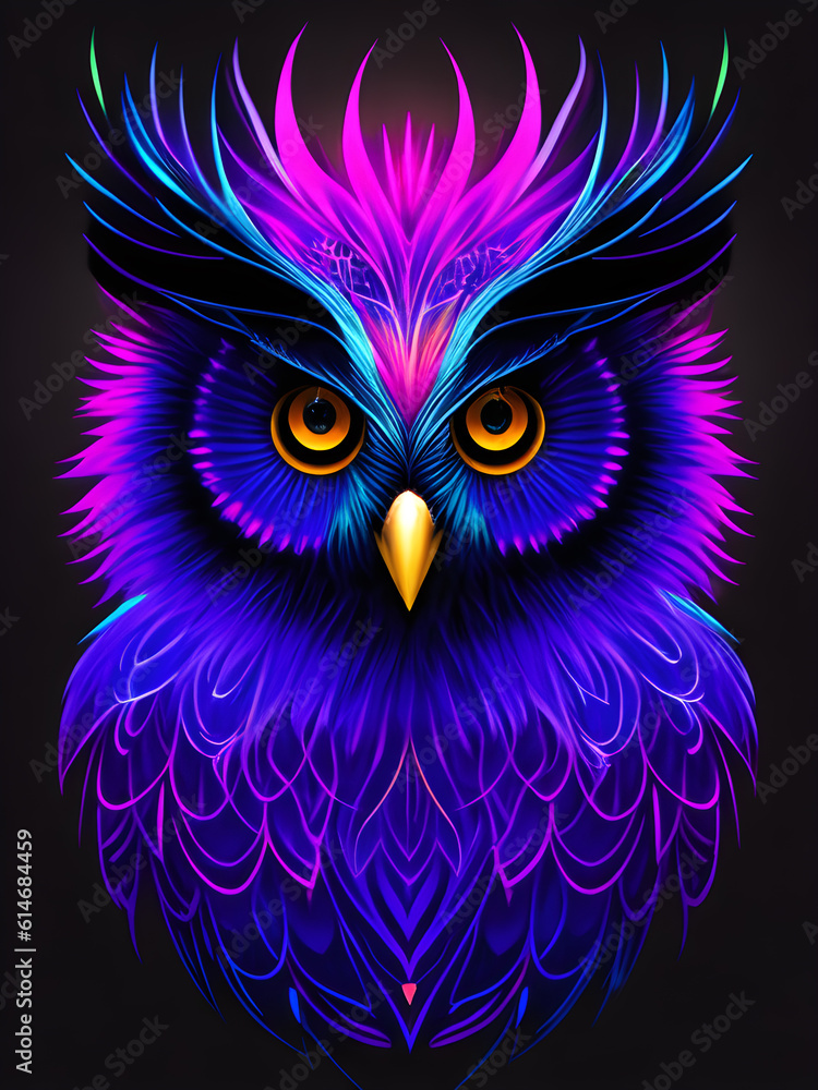 Light neon style art portrait of a owl, Generative AI