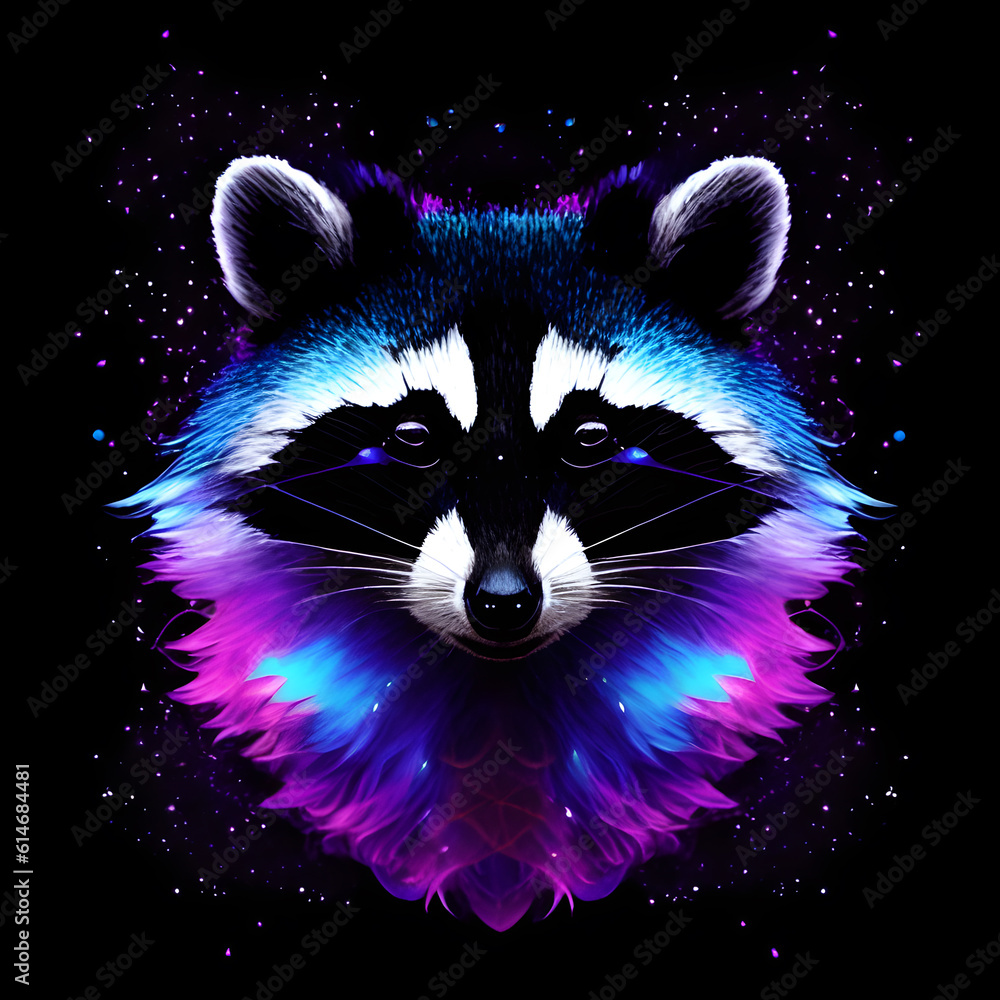 Light neon style art portrait of a racoon, Generative AI