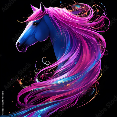 Light neon style art portrait of a horse, Generative AI