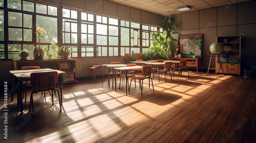 interior of a traditional school classroom with wooden floor and furniture - Back to school concept, Generative AI interior of a traditional school classroom with wooden floor and furniture - Back to school concept, Generative AI