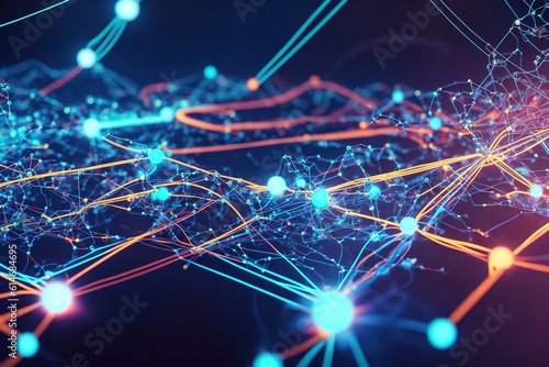 Dynamic flow of energy through interconnected nodes and circuits, abstract network background, Generative AI