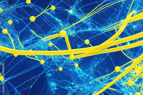 Dynamic flow of energy through interconnected nodes and circuits, yellow and blue background, Generative AI