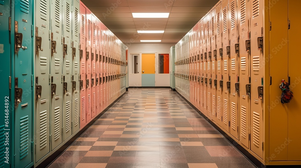 Vibrant Adolescence: A Colorful Array of High School Lockers - back to school concept, Generative AI