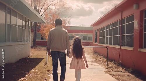 man with his daughter, walking at school, american school concept, daughter wearing school bag, back view, close-up shot, Generative AI © Ameer
