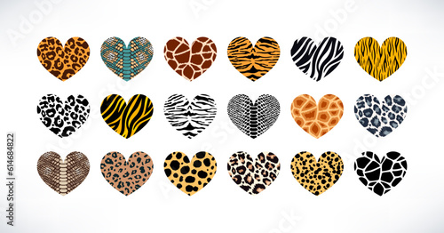 Wild safari animal print textured heart set. Vector hearts collection with leopard, cheetah, tiger, giraffe, zebra, snake skin pattern for fashion print design, backgrounds, fabric
