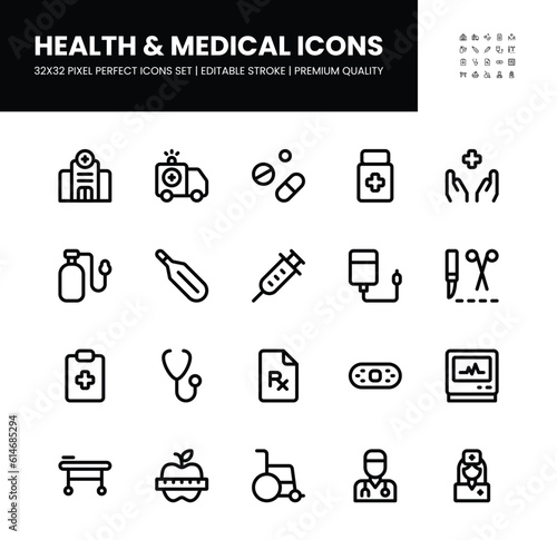 Health and medical icons set in 32 x 32 pixel perfect with editable stroke