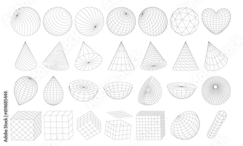 A set of frame geometric shapes. Surface grid and sphere ball, cubes, cones, hemispheres, heart. Retro futuristic grids, 3D mesh objects. Isolated Vector Graphic elements inspired by cyberpunk style.