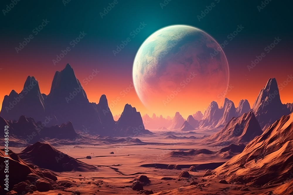 Desert planet with mountains and giant moon, Generative AI