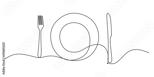 Continuous single one line of cutlery isolated on white background.