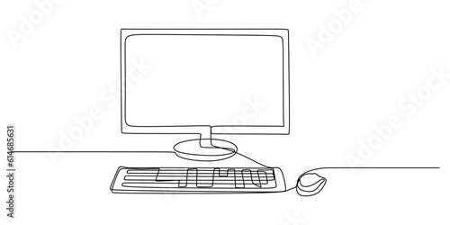 Continuous single one line of Computer and its accessories like PC monitor and keyboard isolated on white background.