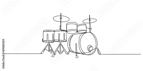 Continuous single one line of drum set isolated on white background.