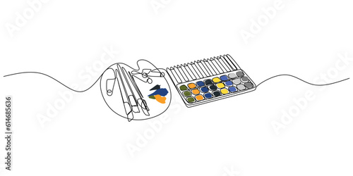 Continuous single one line of painting tools isolated on white background.