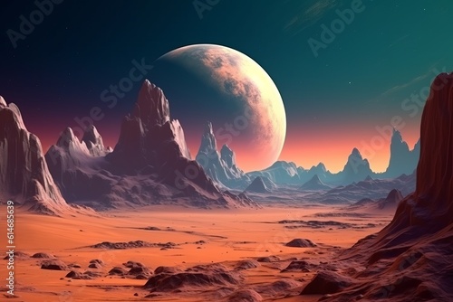 Desert planet with mountains and giant moon, Generative AI