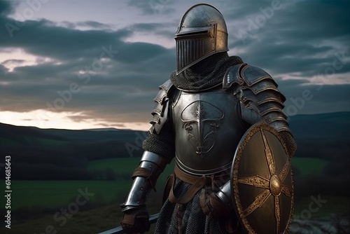 Celtic knight in armor, battlefield behind, Generative AI