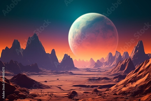 Desert planet with mountains and giant moon  Generative AI