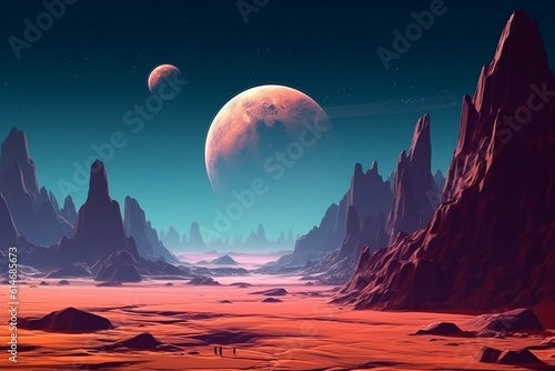 Desert planet with mountains and giant moon, Generative AI