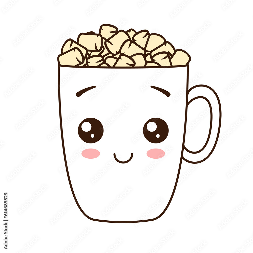 Cute mug with hot drink and marshmallows. Happy kawaii character. Illustration on transparent background