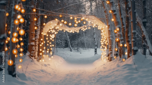 ai generative magical christmas atmosphere with garlands of christmas lights outdoors in a snowy day  © nanihta