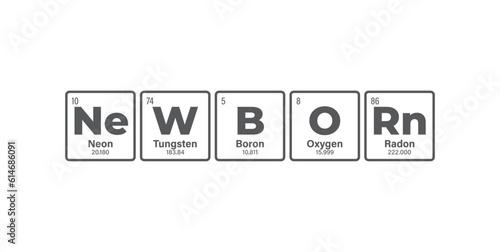 Vector inscription NEWBORN composed of individual elements of the periodic table. Isolated on white background