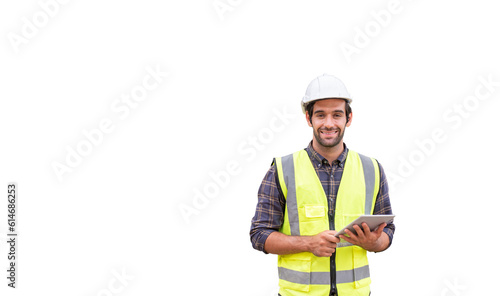 Photos Male construction engineer holding tablet with text-copy space, white background