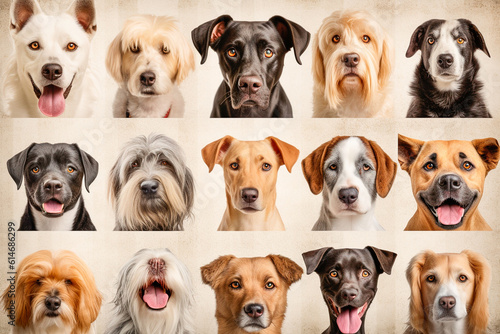Many dogs of different breeds looking at camera