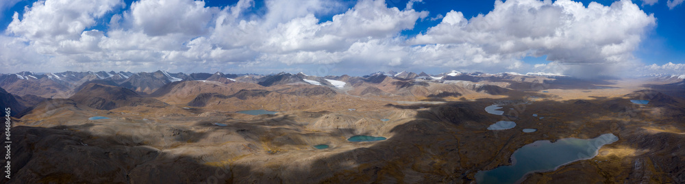 panoramic photo of the high-mountain lake Ak-Kul in Kyrgyzstan, Kyrgyzstan. Beauty from a bird's-eye view, drone.