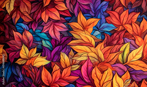 Flat lay autumn background of fallen leaves in warm colors  red  golden yellow and orange illustrated leaves. A leaf falling from a tree  a symbol of autumn. Illustration. Generative AI.