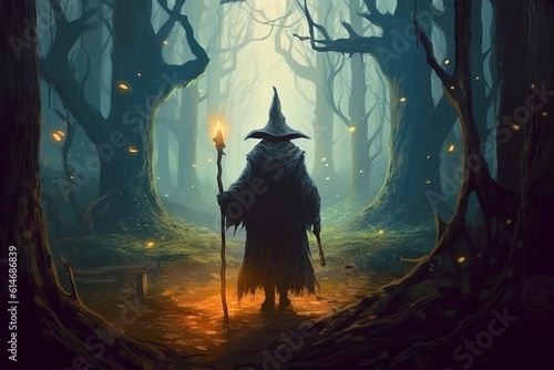 Wizard lurking in mystical forest, Generative AI