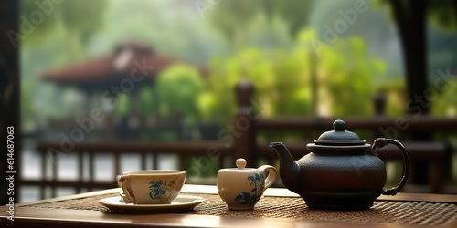 AI Generated. AI Generative. Chinese temple with tea set on bamboo. table. Asian traditional architecture decor design. Adventure meditaion vibe. Graphic Art